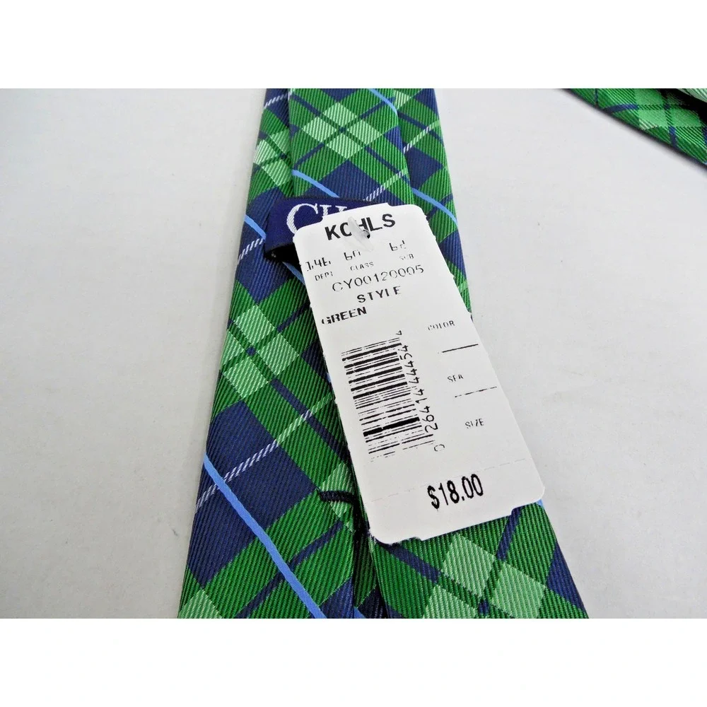 Chaps Neck Tie Boy's Classic Green & Blue Plaid 100% Polyester 48